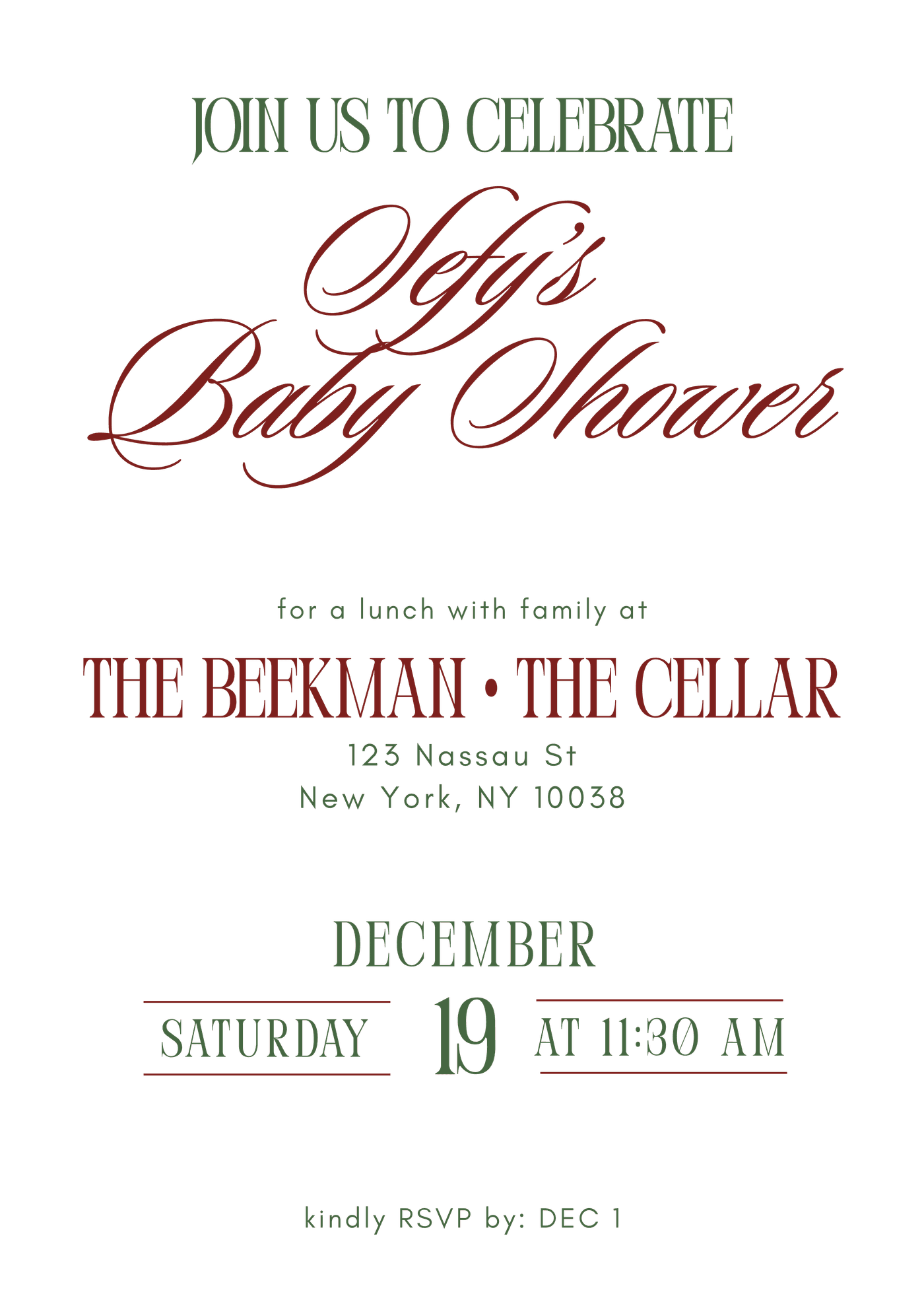 Join us to celebrate, Sefy’s Baby Shower, The Beekman · The Cellar, 123 Nassau St, New York, NY 10038, Saturday, December 19th, 2026, 11:30 AM, Kindly RSVP by December 1